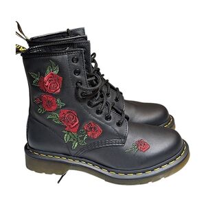 Dr. Martens Black Boots with Red Floral Embroidery